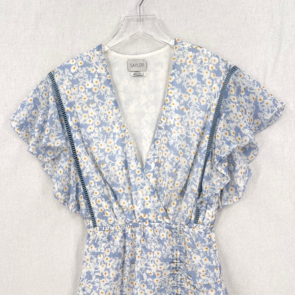 SAYLOR Marina Mini Dress Womens XS Floral Sky Printed Ruffle Ruched Flutter - Picture 5 of 16